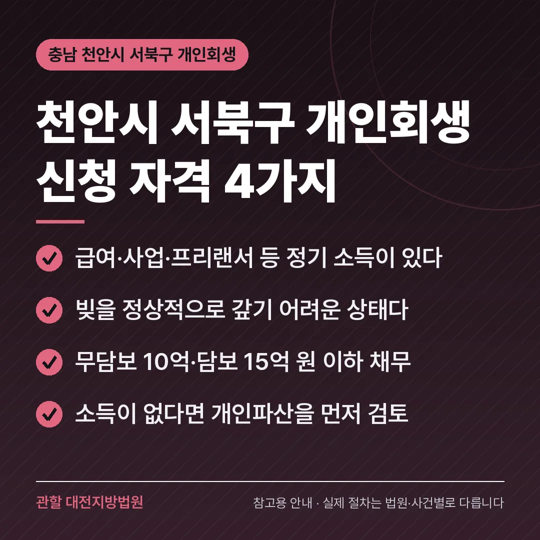 충남 천안시 서북구 개인회생 신청 자격 4가지